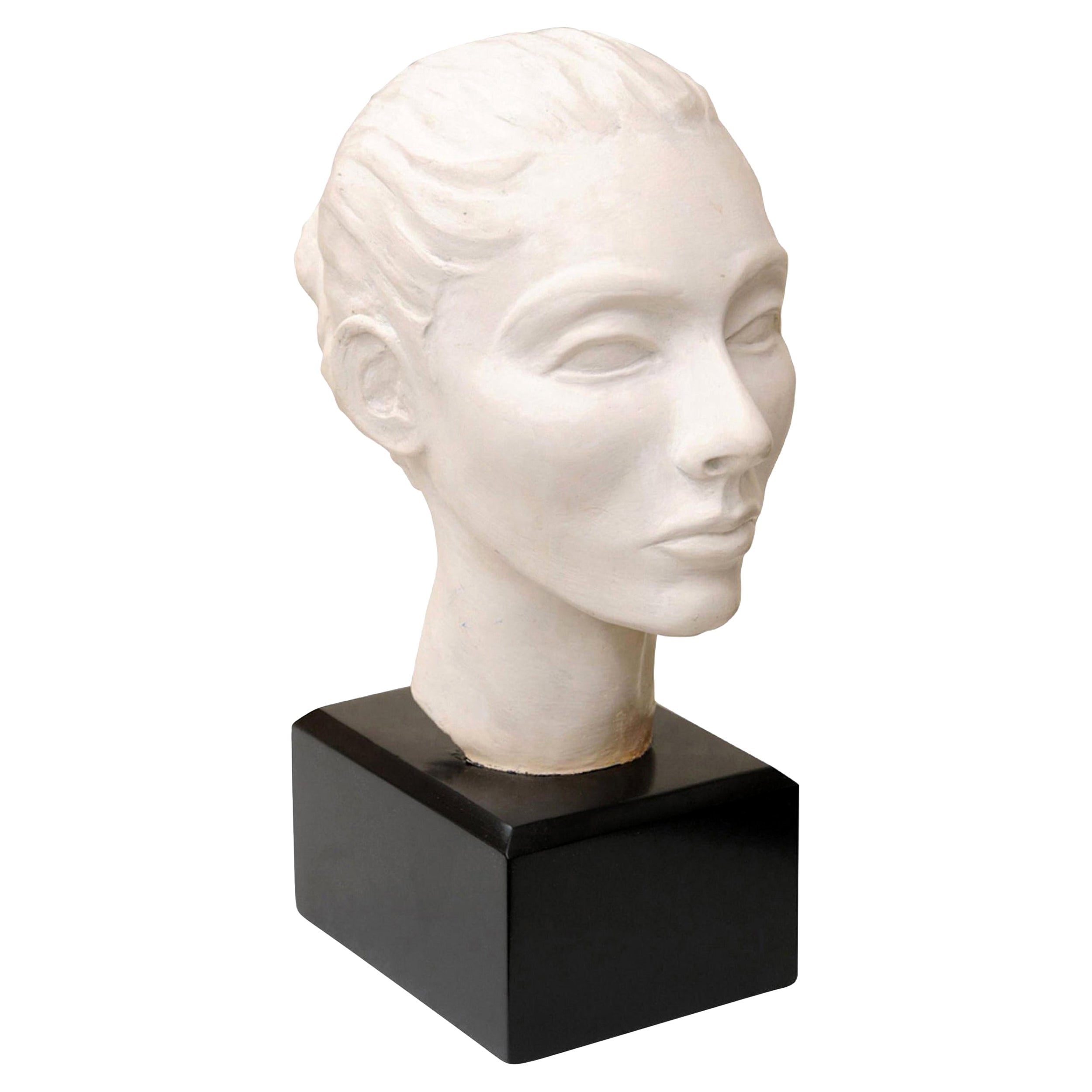 Vintage Italian Plaster of Paris Sculpt Head Bust Sculpture with Black Wood Base For Sale