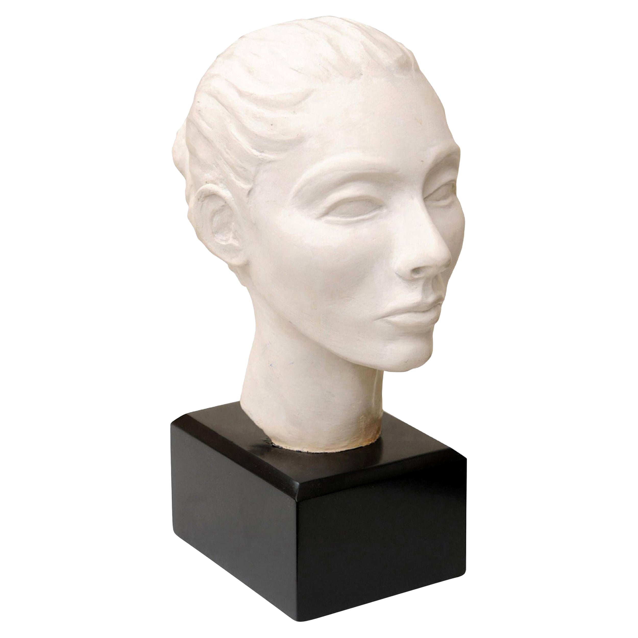 Italian Vintage Plaster of Paris Head Bust Sculpture with Black Wood Base