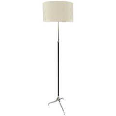 French, 1950s Chrome and Stitched Black Leather Floor Lamp