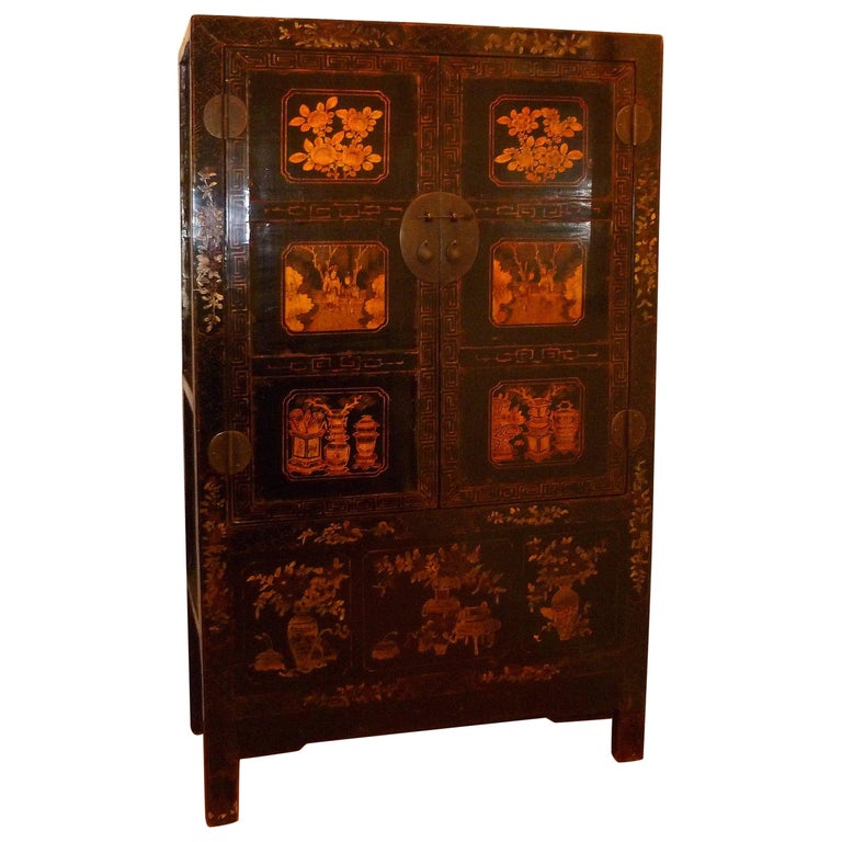 Black Lacquer Armoire with Gilt Motif For Sale at 1stDibs
