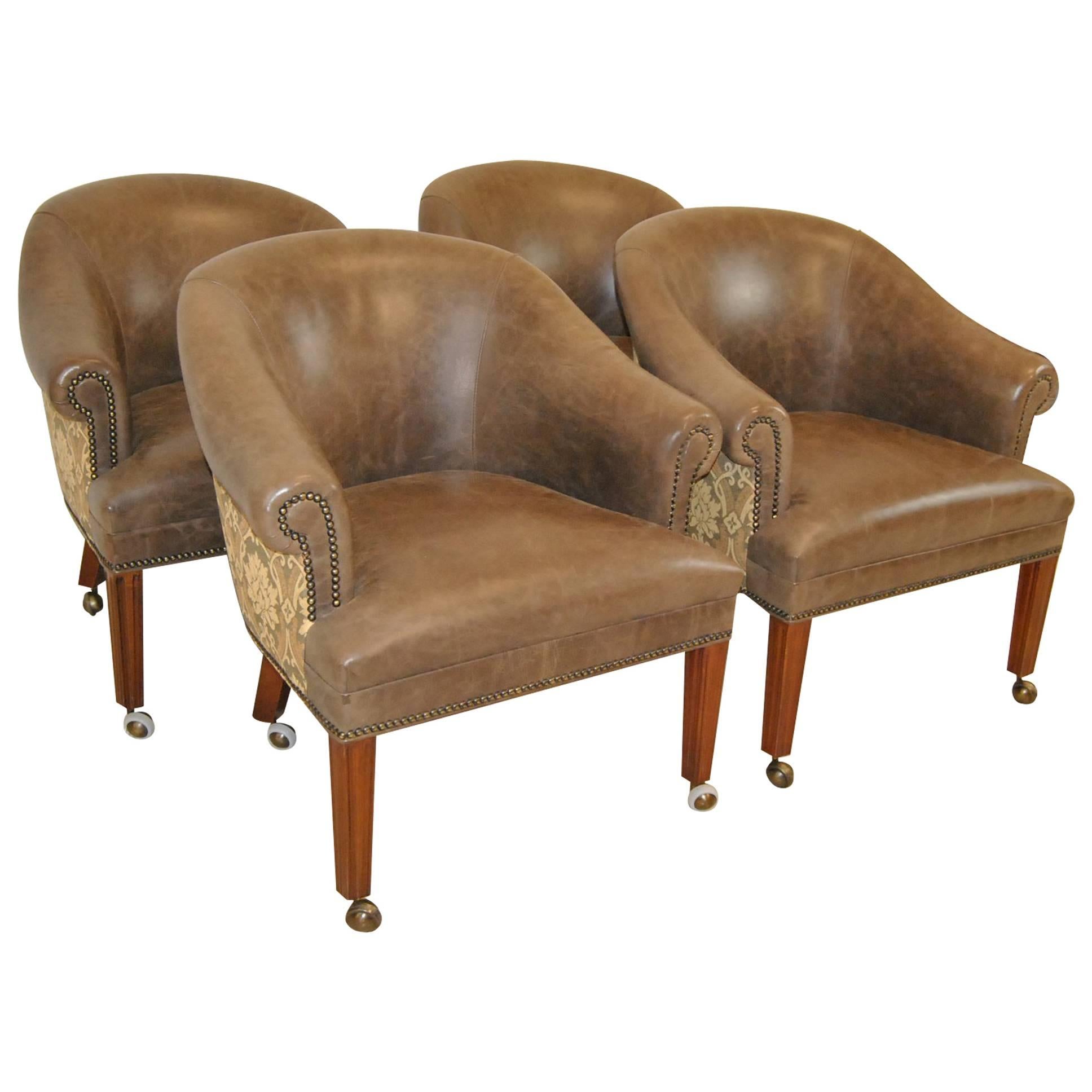 Set of Four Leather and Tapestry Upholstered Tub Chairs by Hancock & Moore