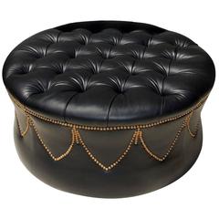Vintage Handsome Black Leather Brass Nailhead Tufted Pouf Ottoman Round Bench Foot Rest