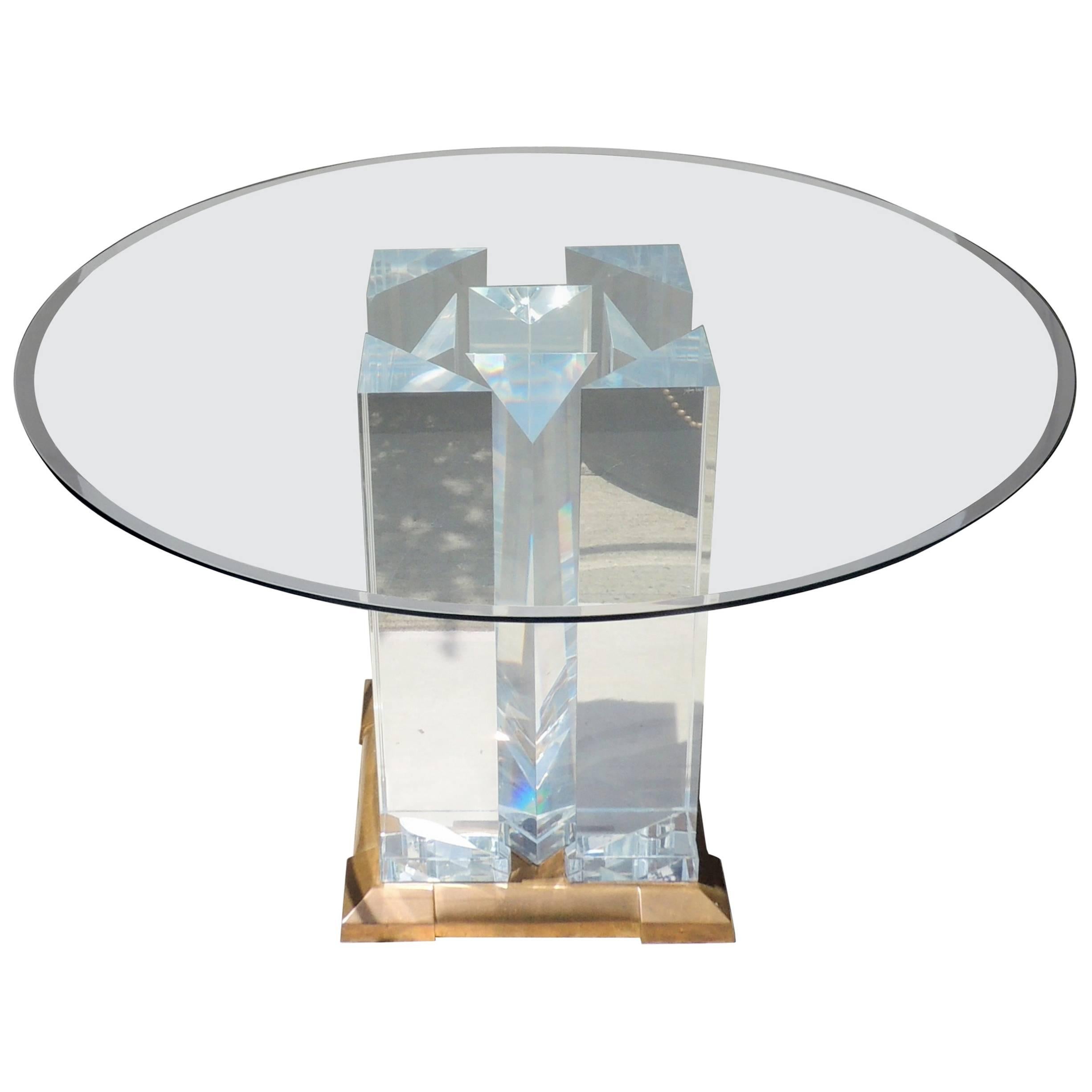 Rare Signed Jeffrey Bigelow Towers Lucite Modern Center Dining Table Bronze Base