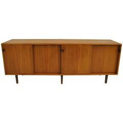 Modern Walnut Four-Door Credenza Sideboard with Leather Pulls by Florence Knoll