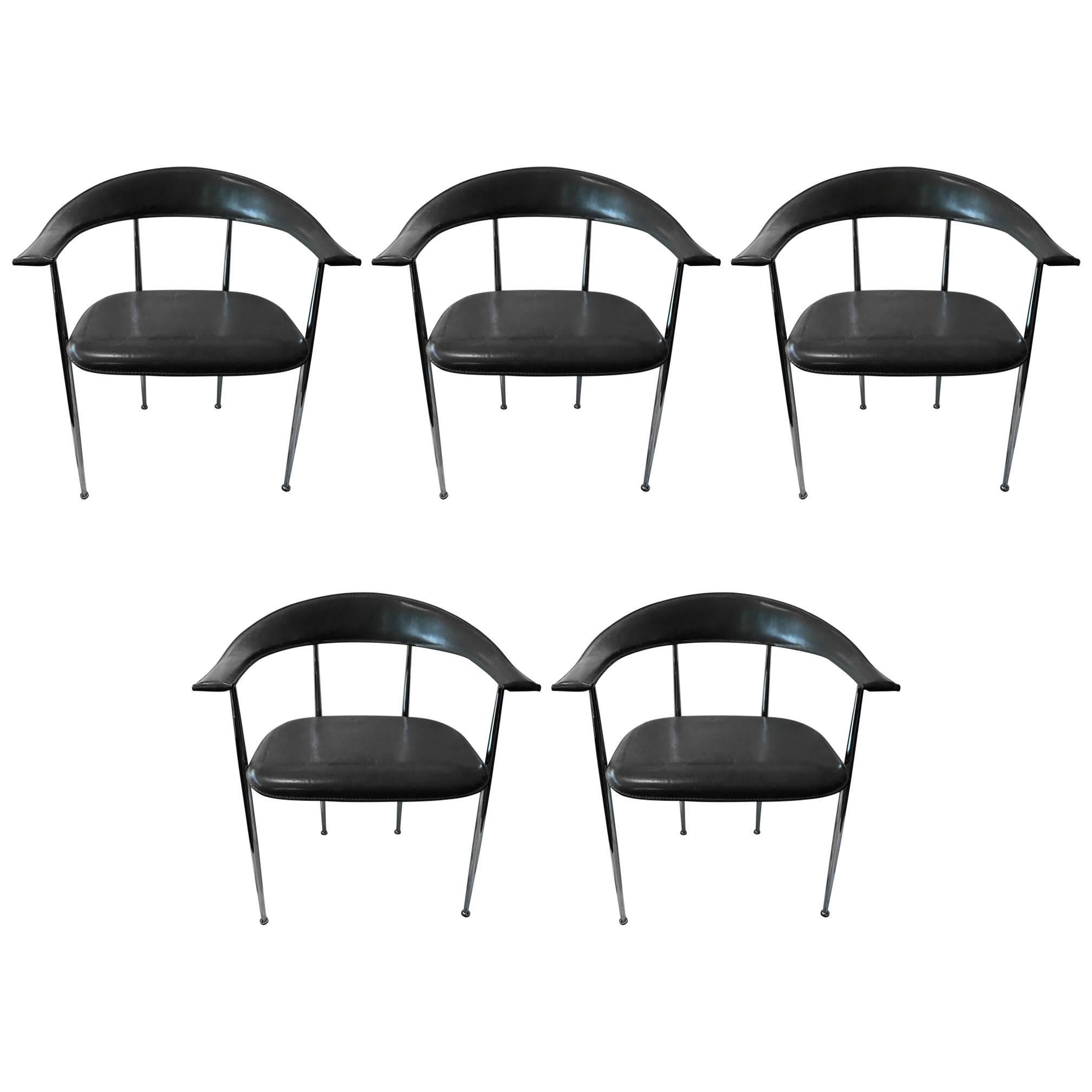 Set of Five Italian Modern Possibly Giancarlo Vegni Leather and Chrome Chairs