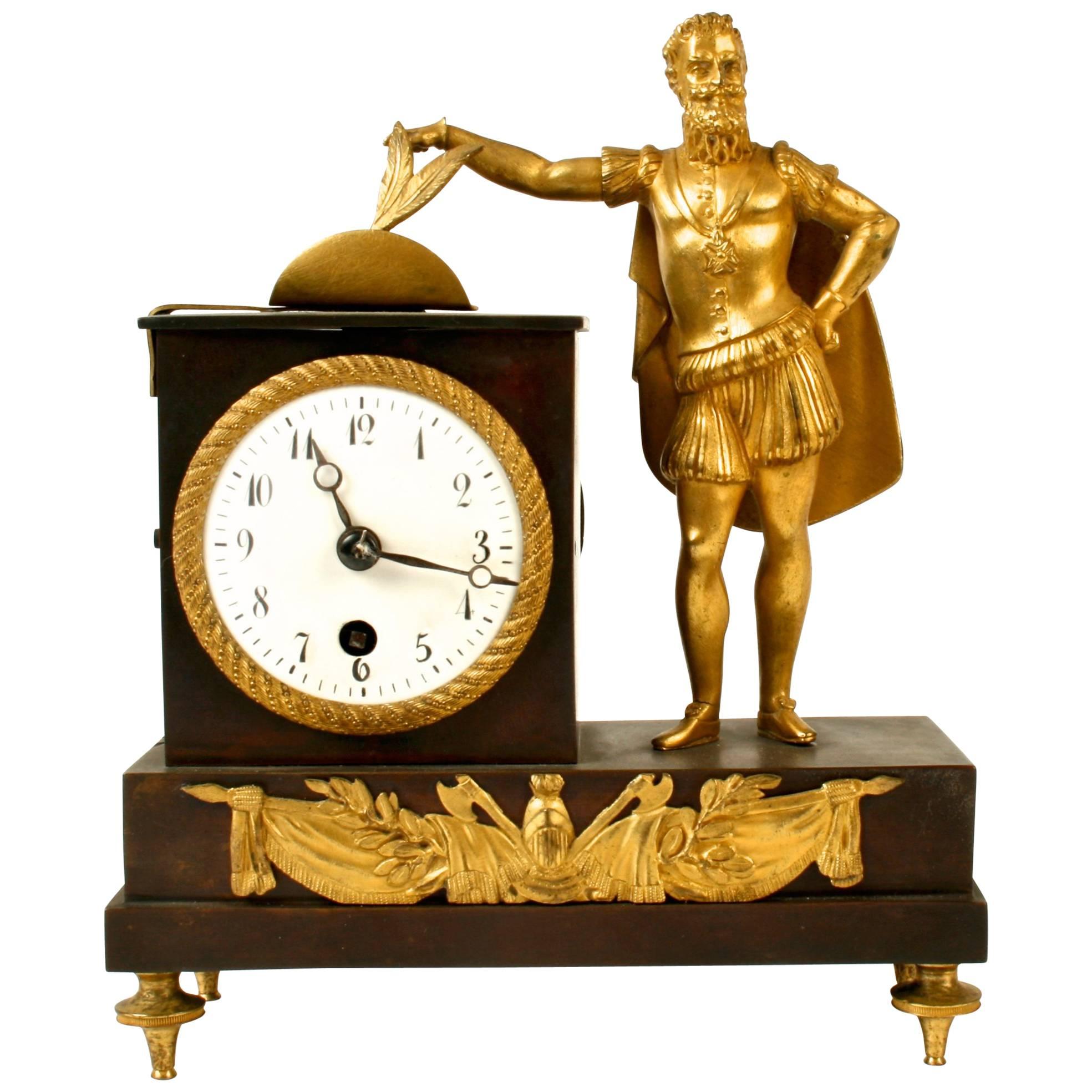 French Empire Bronze Ormolu-Mounted Figural Clock, Early 19th c For Sale