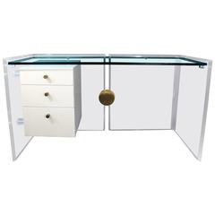 Mid-Century Modern Lucite Glass Desk White Lacquer Brass Cardin Jones Attributed