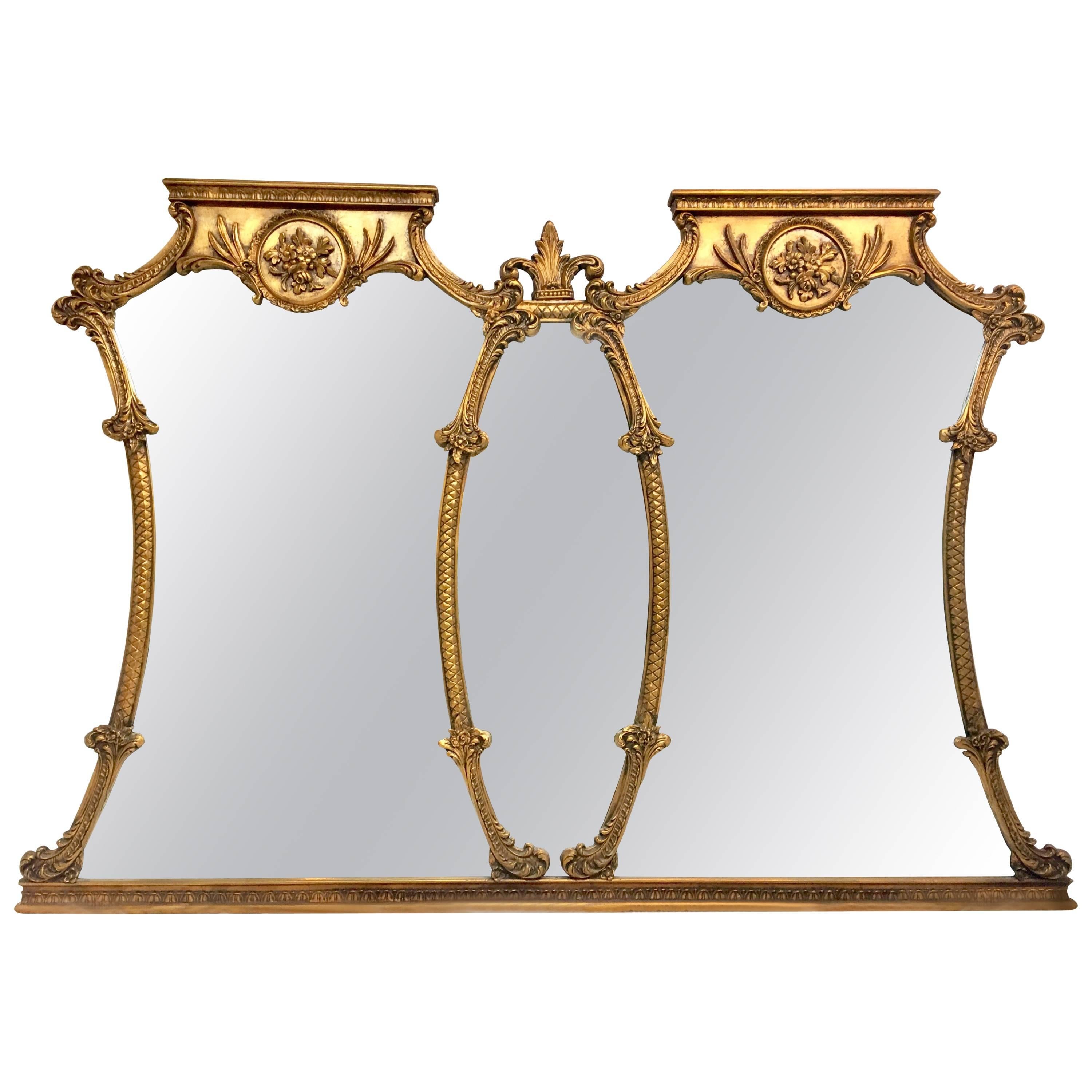Mid-20th Century Monumental French Style Carved Gilt Wood Triptych Wall Mirror