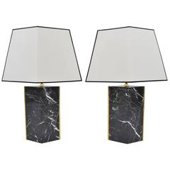 Pair of Marble and Brass Lozange Lamps by Dorian