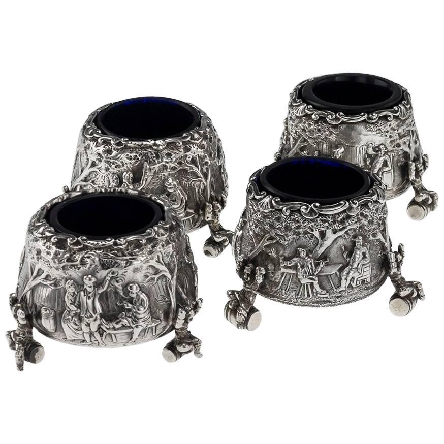 Antique Victorian Solid Silver Matched Set of Four Teniers Salts circa 1863-1874