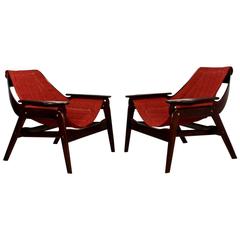 Mid-Century Modern Pair of Jerry Johnson Walnut Sling Lounge Chairs, 1960s