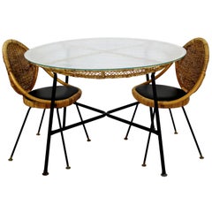 Mid-Century Modern Danny Fong Tropische Bambus Rattan Eisen Patio Tisch Zwei Stühle