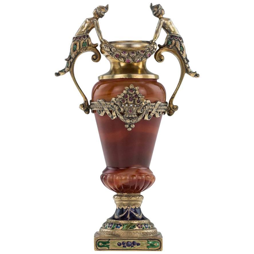 Antique Austrian Solid Silver, Enamel and Gem Set Figural Agate Vase, circa 1880