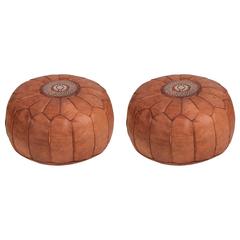 Pair of Round Moroccan Leather Poufs 5