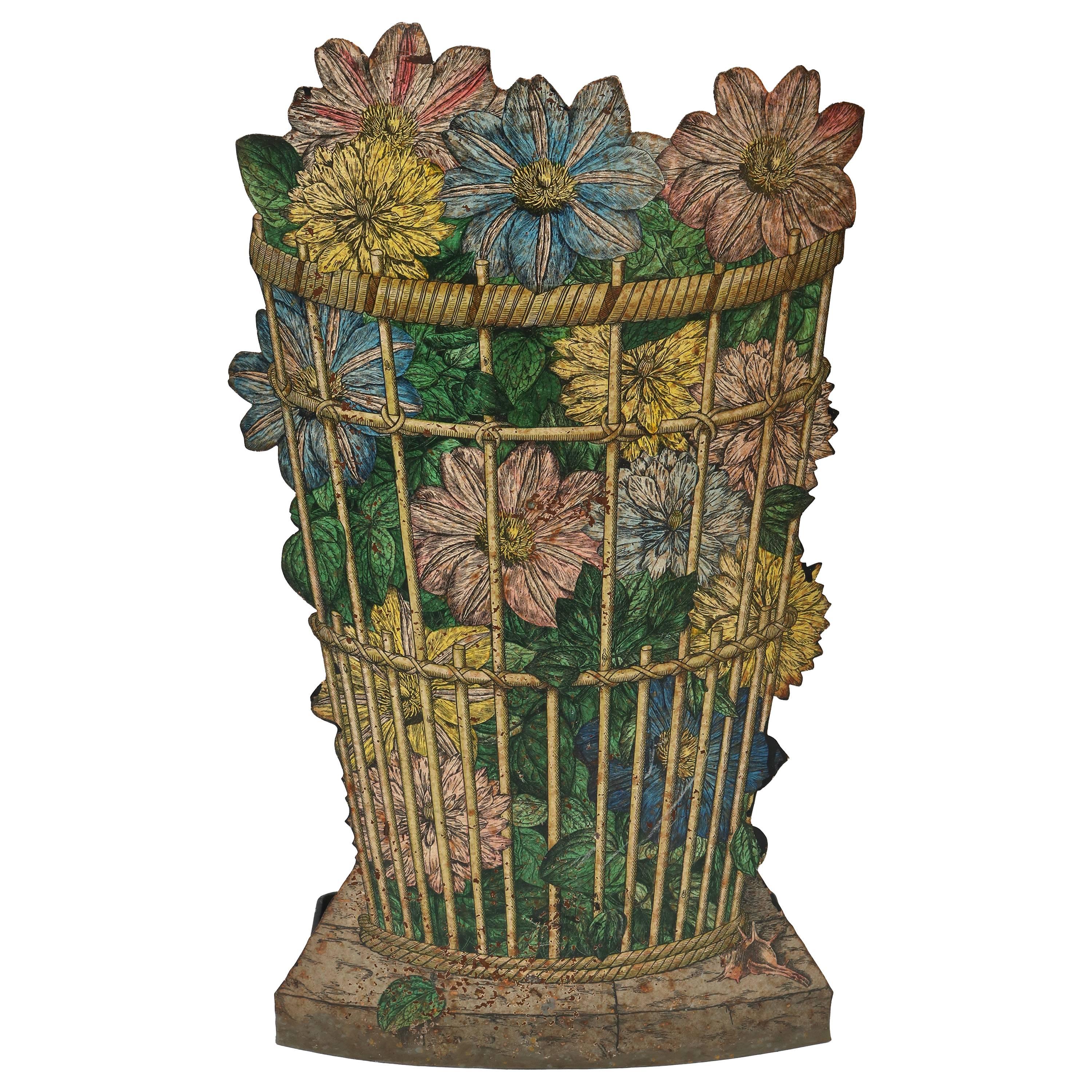Mid Century Modern, Fornasetti Umbrella Stand with Wicker Basket and Floral Motif