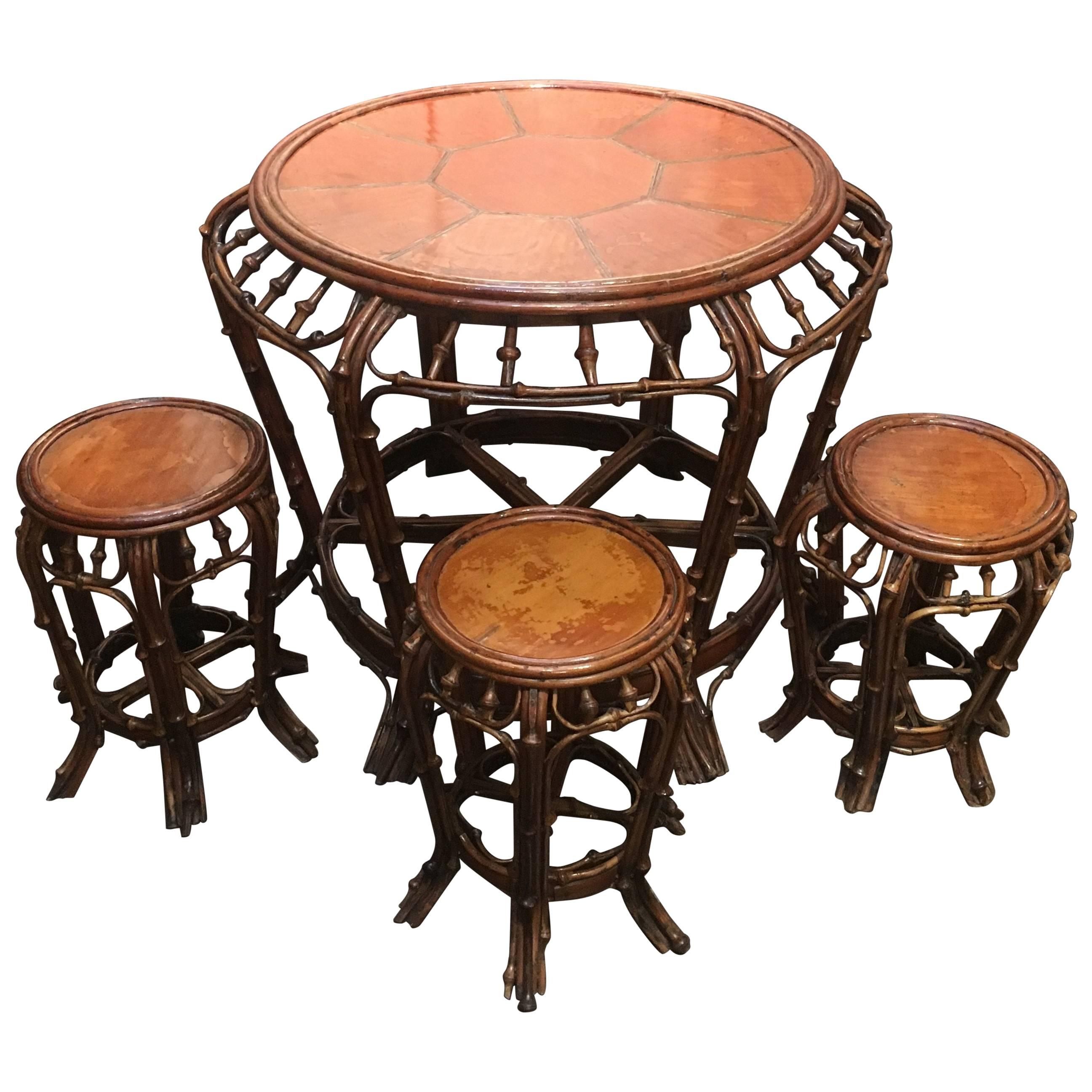 Chinese Bent Bamboo Round Table and Stools, Mid-19th Century