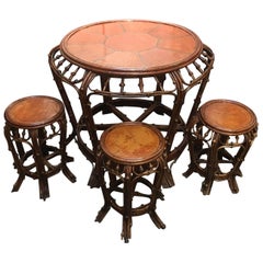 Chinese Bent Bamboo Round Table and Stools, Mid-19th Century