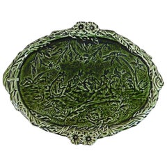 Antique 19th Century Green Majolica Wall Platter with Native Indians