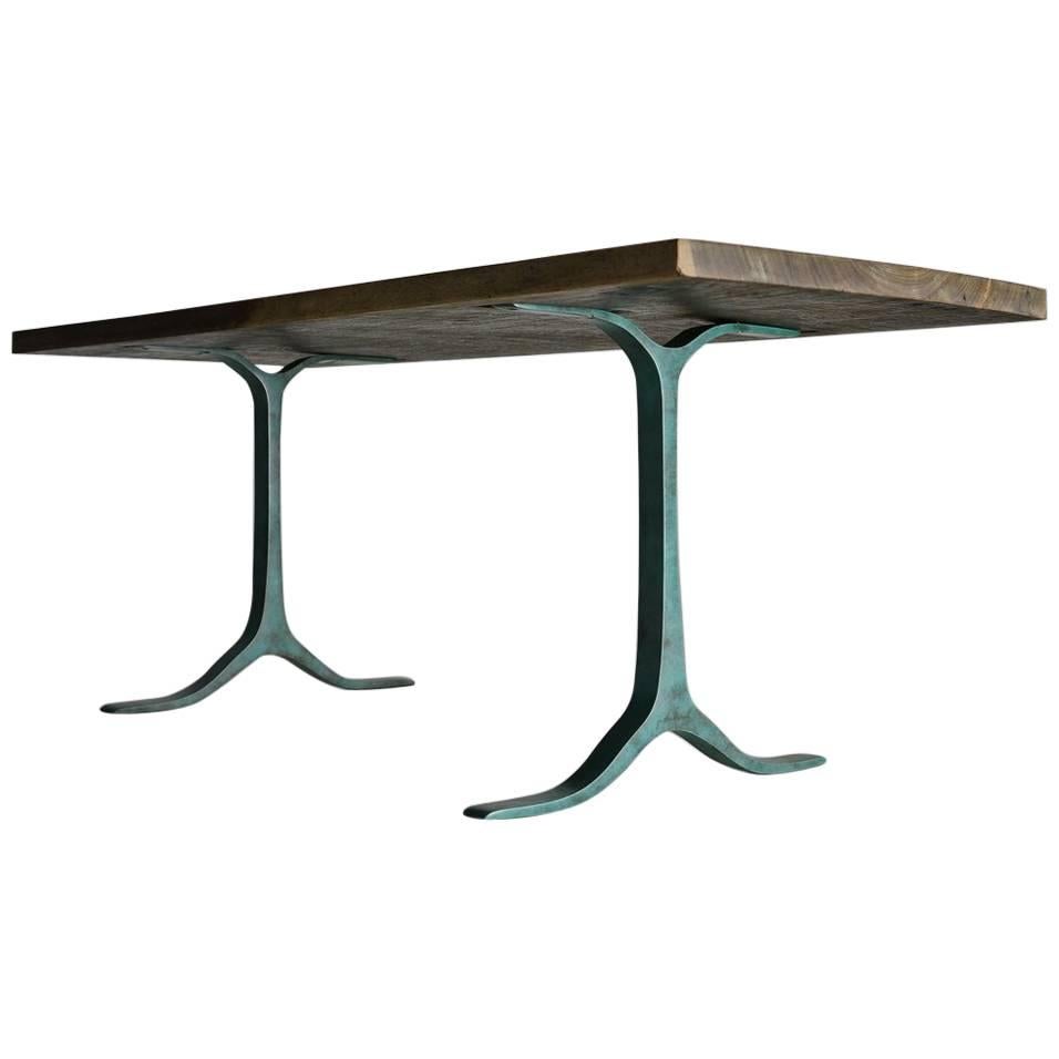 Bespoke Reclaimed Hardwood Desk with Green Copper Bronze Base, by P. Tendercool For Sale