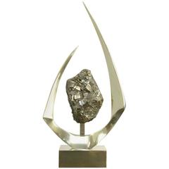 Brass Sculpture with Mineral Pyrite Stone by Willy Daro