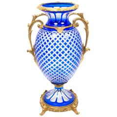 Beautiful Blue Cut-Crystal Glass and Ormolu-Mounted Vase