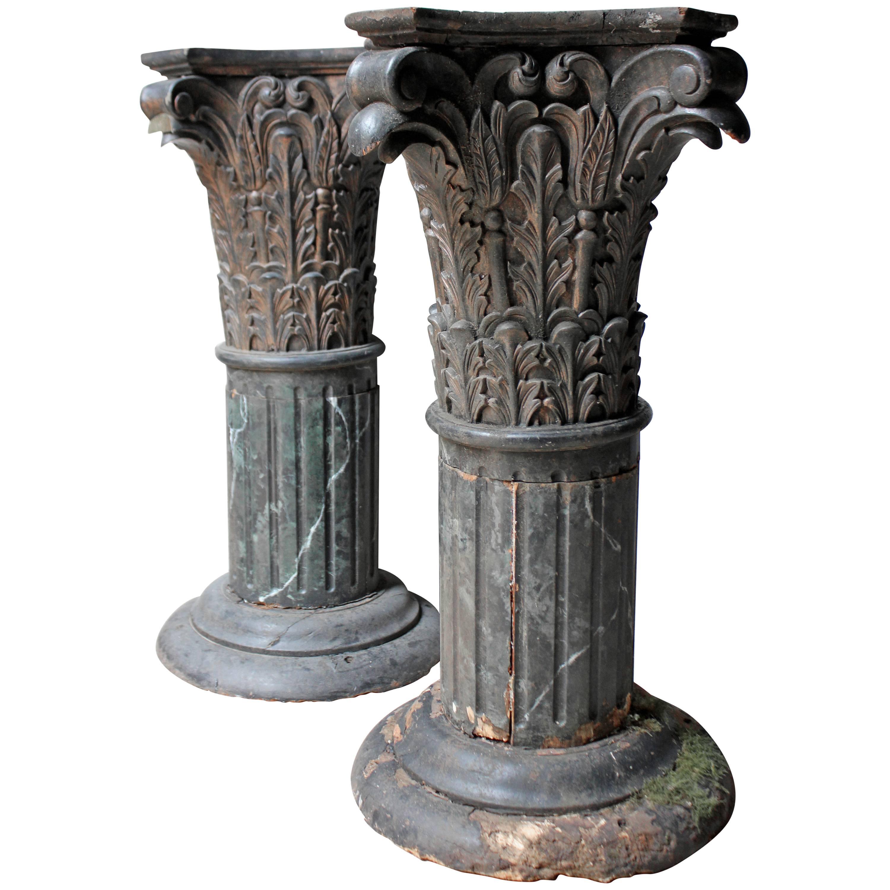 Pair of Carved Pine Faux Marble Painted Corinthian Column Pedestals