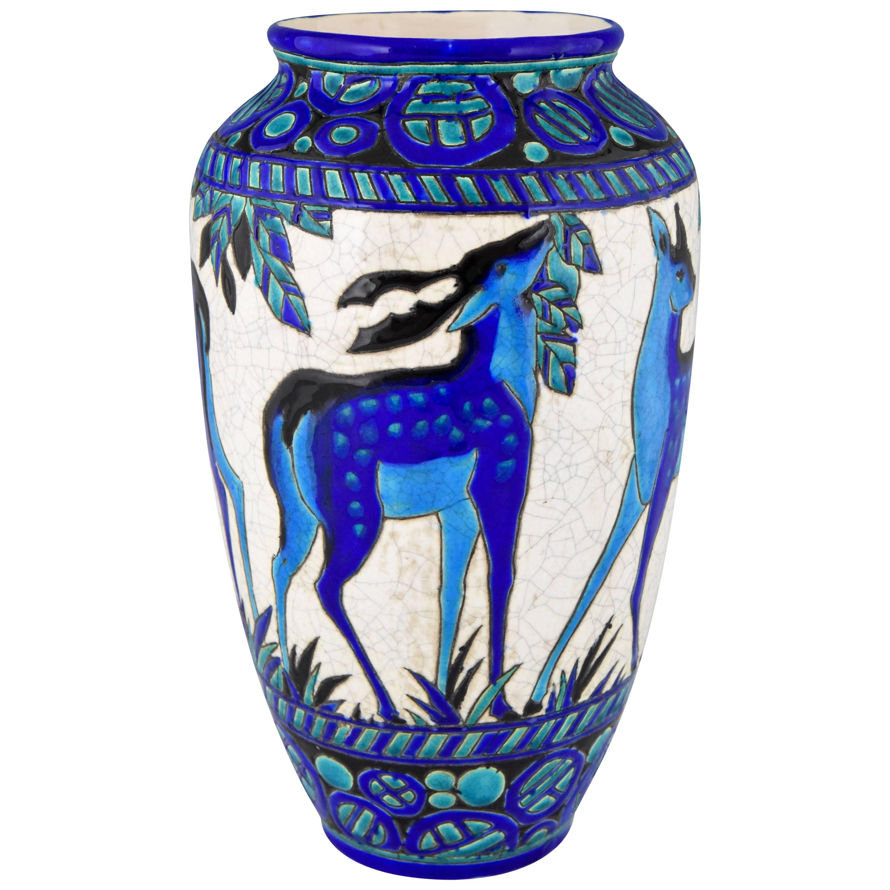 Art Deco Ceramic Vase with Deer Charles Catteau for Boch Freres, 1924