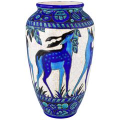 Retro Art Deco Ceramic Vase with Deer Charles Catteau for Boch Freres, 1924