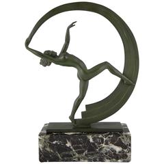 Bacchanale:: Sculpture Art Déco d'une danseuse d'écharpe nue Janle:: Max Le Verrier 1930