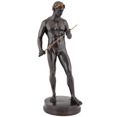 Antique Bronze Sculpture Male Nude with Sword by Fritz Heinemann, 1890