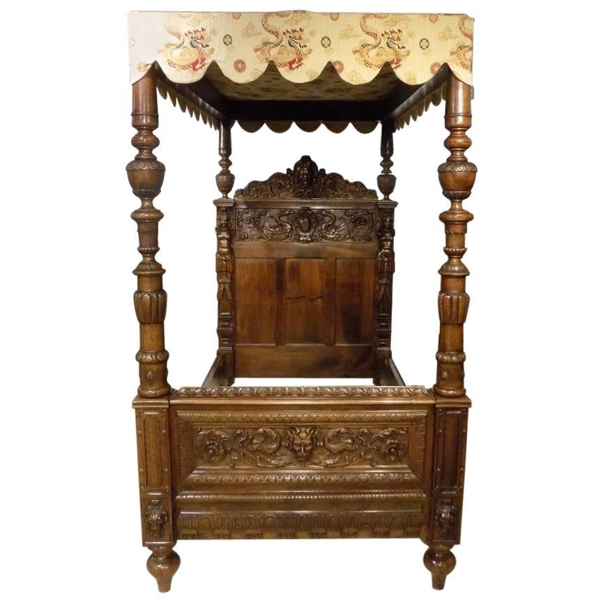 Finely Carved Italian Baroque Walnut Four Poster Single Bed