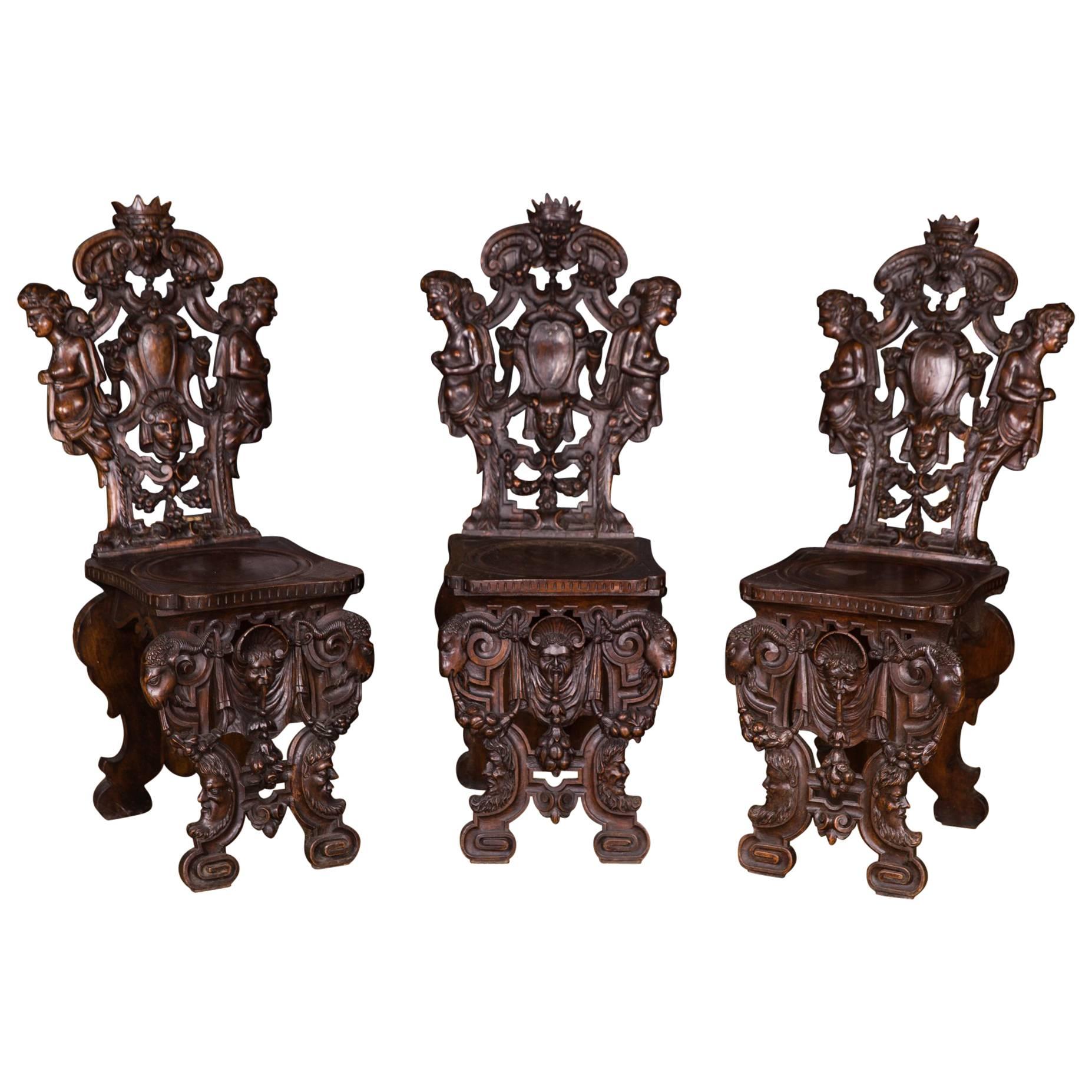 19th Century, Three Antique Neo-Renaissance Chairs from Venice 