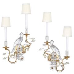 Restored Pair of Maison Baguès Style Gilt Metal Sconces with Glass Parrots