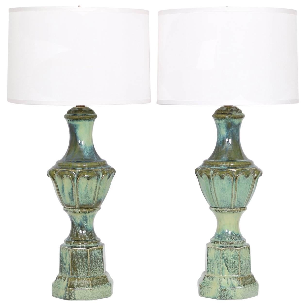Pair of Mid-Century Majolica Style Porcelain Baluster Lamps