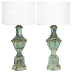 Pair of Mid-Century Majolica Style Porcelain Baluster Lamps 3