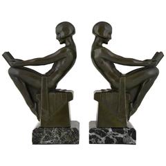 Art Deco Bookends with Reading Nudes by Max Le Verrier, 1930 France