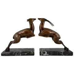Art Deco Bronze Leaping Gazelle Bookends by Marcel Andre Bouraine, 1930 France