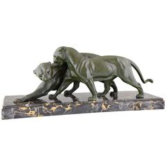 Art Deco Sculpture of Two Panthers by Plagnet, 1930 France