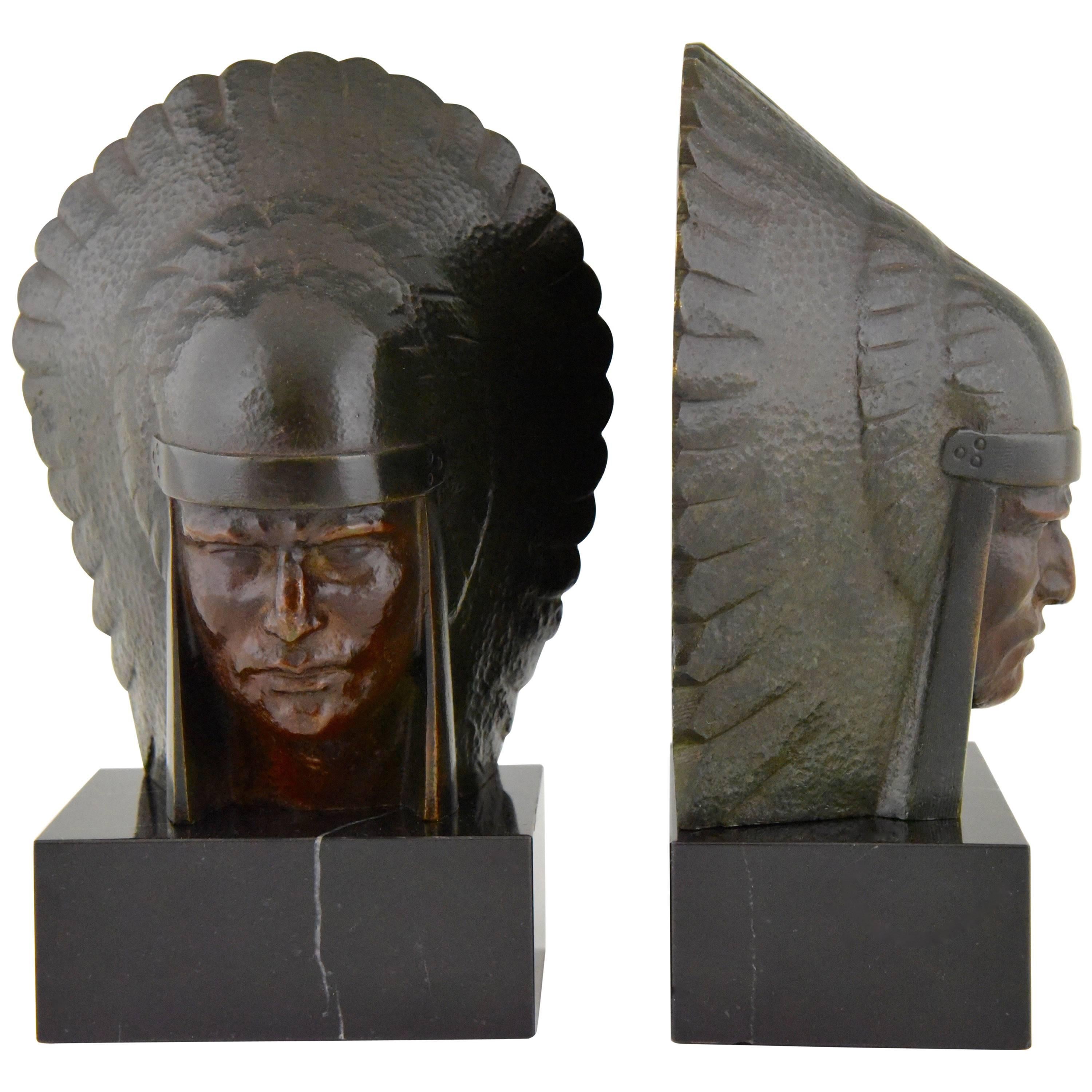 Art Deco Bronze Indian Head Bookends Georges Garreau, 1930 France