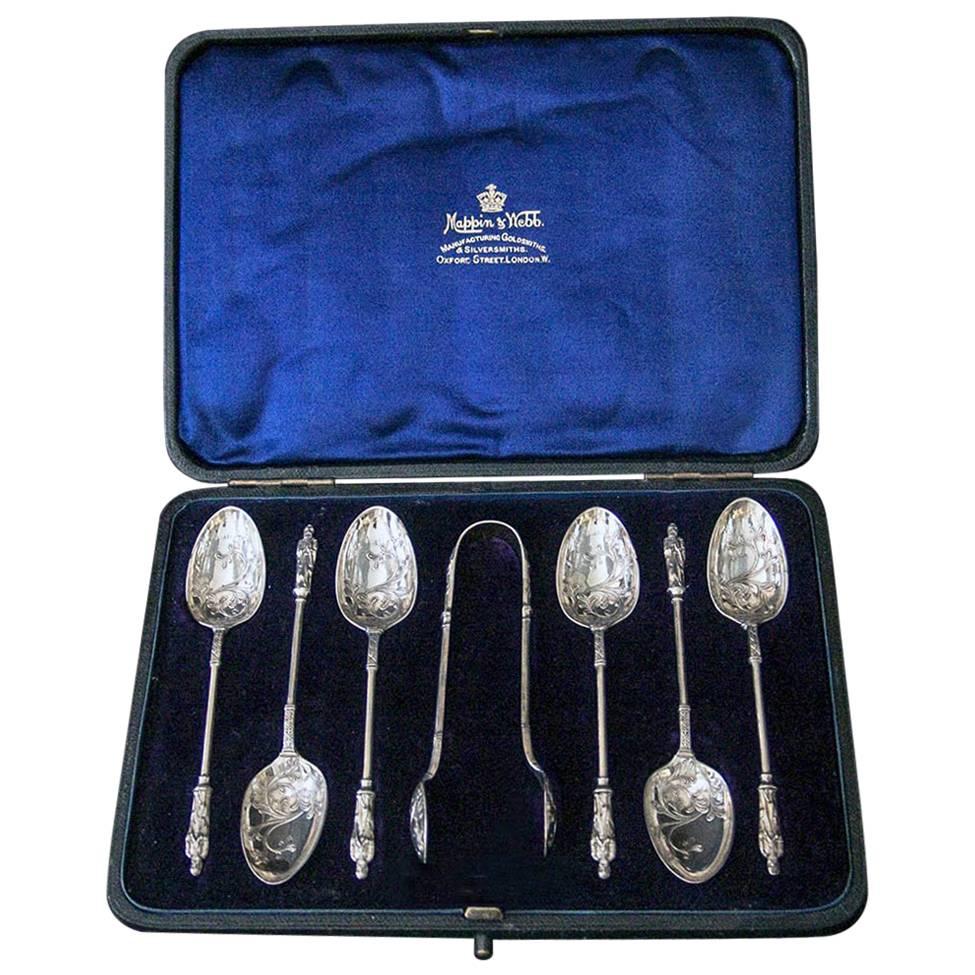 Cased Set of Victorian Silver Decorative Teaspoons with Sugar Tongs