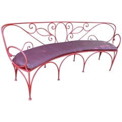Charming Curved Scrolled Iron Garden Patio Bench, Mid-Century Modern