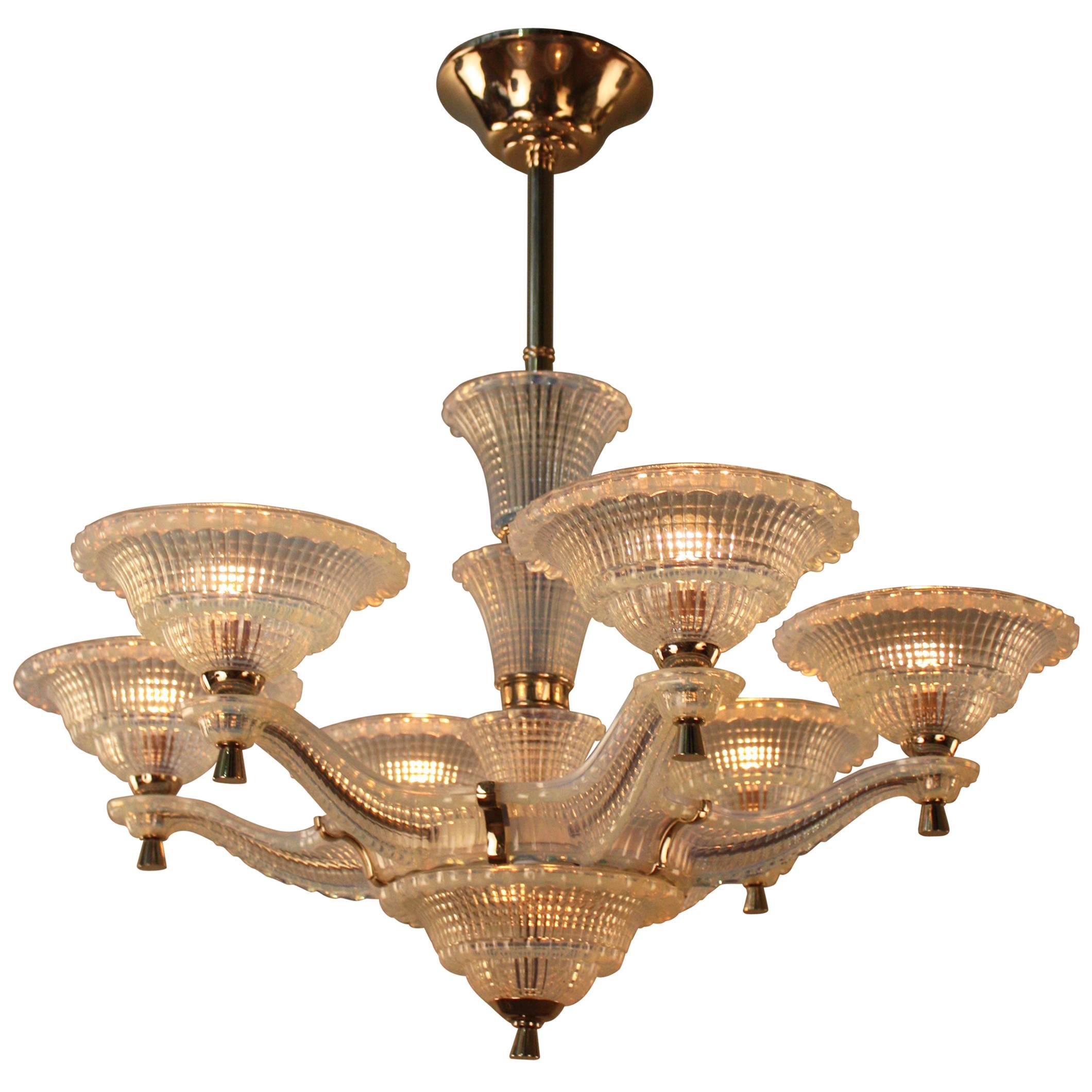French Opalescent Glass Art Deco Chandelier