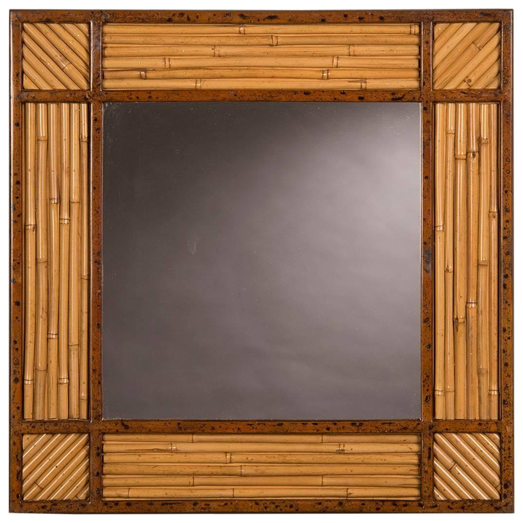 Vintage French Square Rattan Bamboo Framed Mirror, circa 1960 