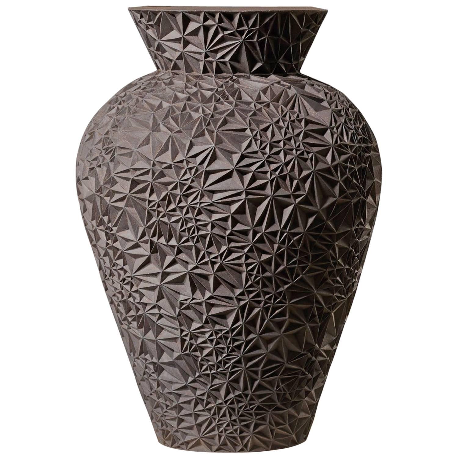 Carved Black Stoneware Ceramic Vase Mater Dolorosa by Leah Jensen For Sale