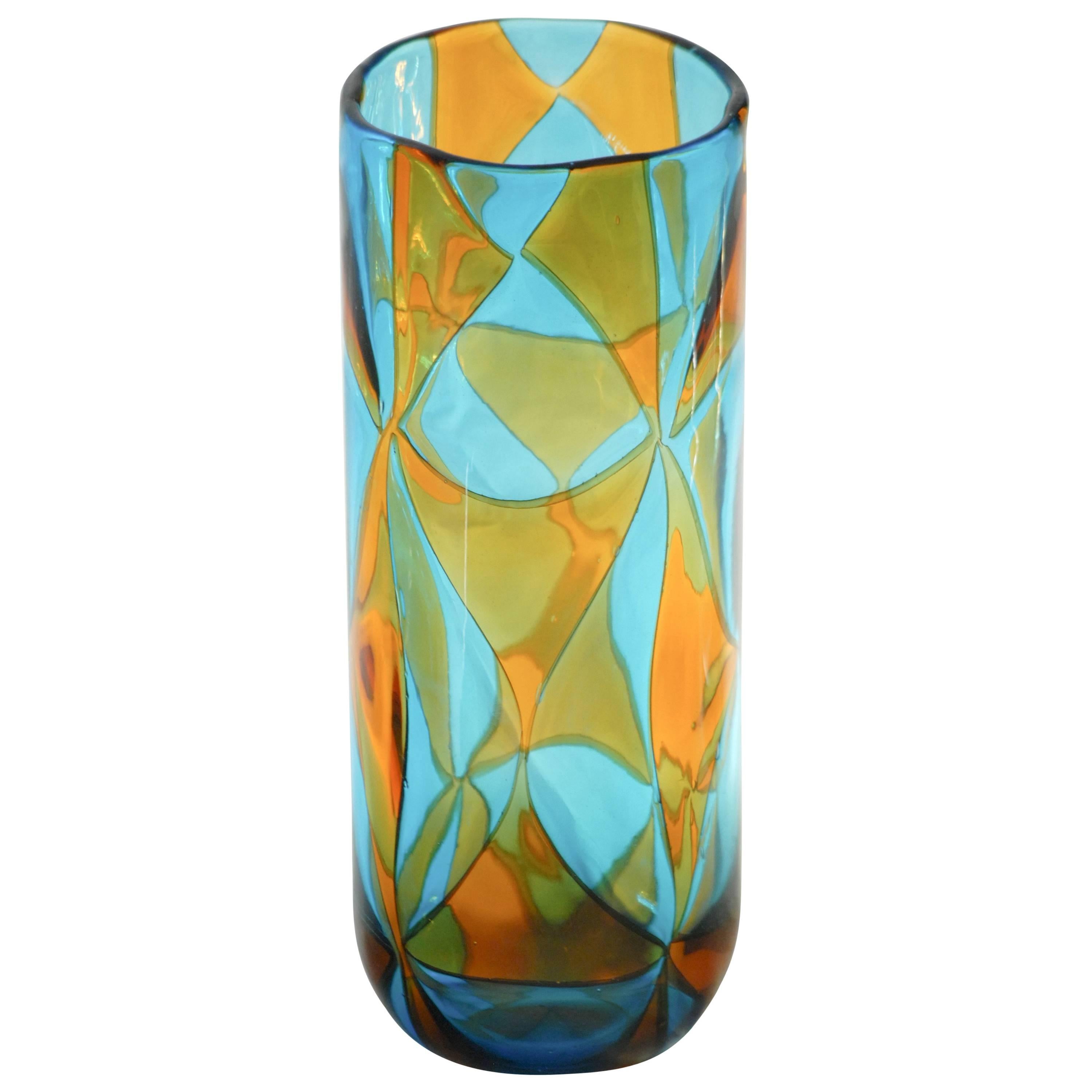 Ercole Barovier, Aquamarine and Amber Intarsi Vase, Signed, Limited Edition 1976