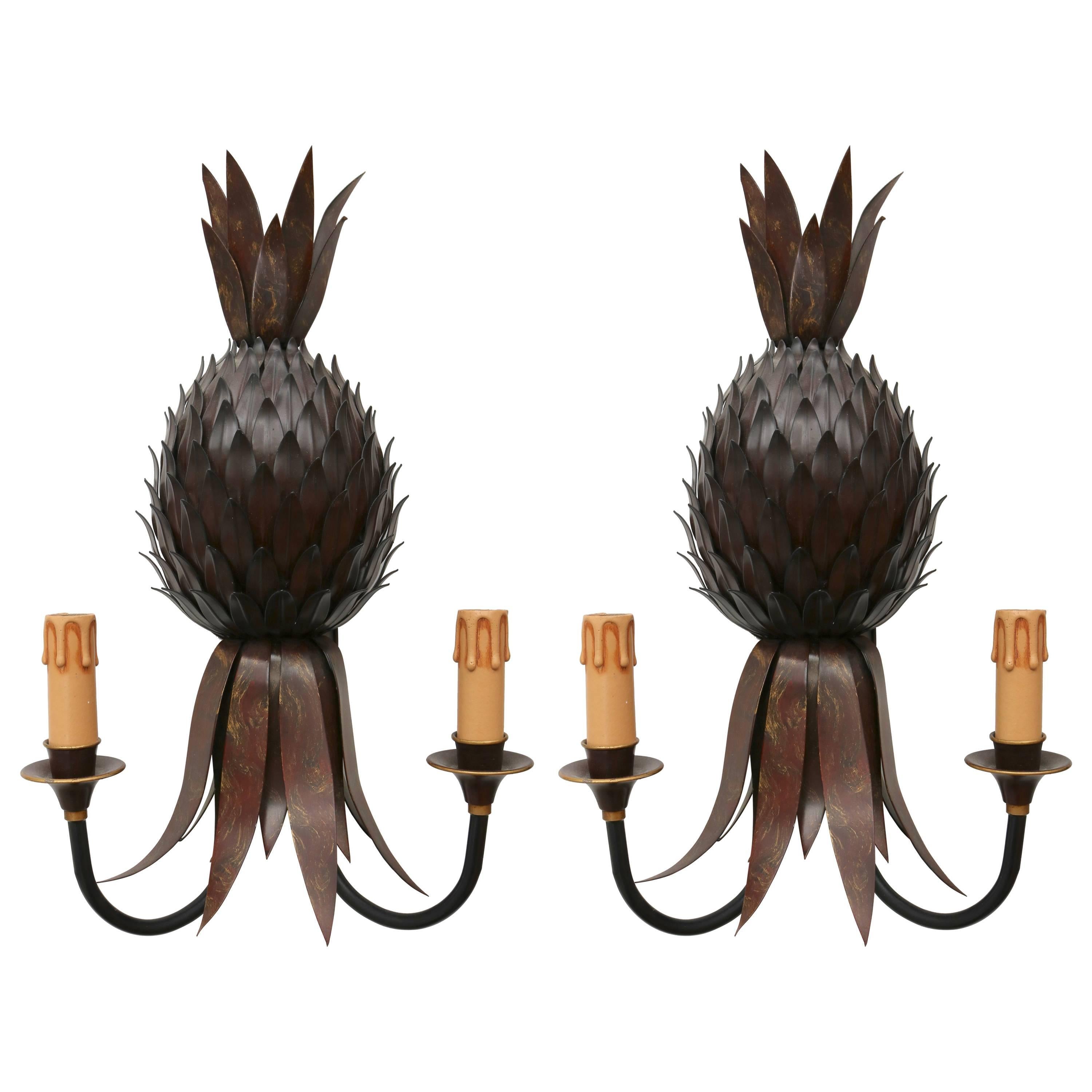 Pair of Tole Ware Two Arm Wall Scones with Stylized Pineapple Motif