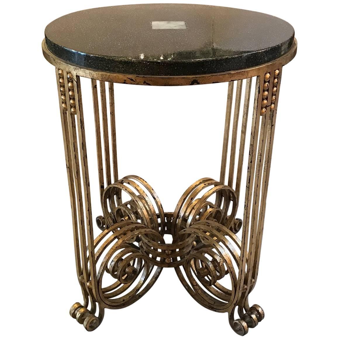 French Art Deco Wrought Iron Gueridon Table with Lacquer and Jade Top