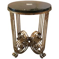 Antique French Art Deco Wrought Iron Gueridon Table with Lacquer and Jade Top