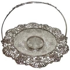 Beautiful Black Starr & Frost Pierced Handle Hawkes Crystal Platter Basket