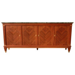 Vintage French Mahogany Chevron Parquetry and Marble Sideboard